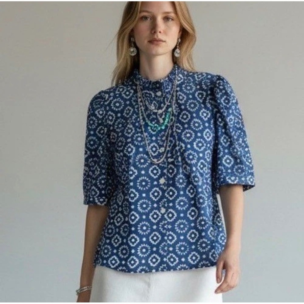 Alix of Bohemia Winnie Indigo Mosaic Blouse Puff Sleeve Ruffle Top M Block Print